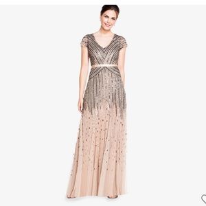Adriana Papell Beaded V-Neck Gown in Blush